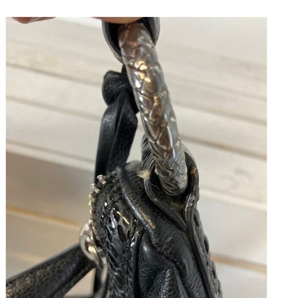 BRIGHTON LARGE BLACK LEATHER, ANIMAL PRINT TRIM SHOULDER BAG - Picture 7 of 16